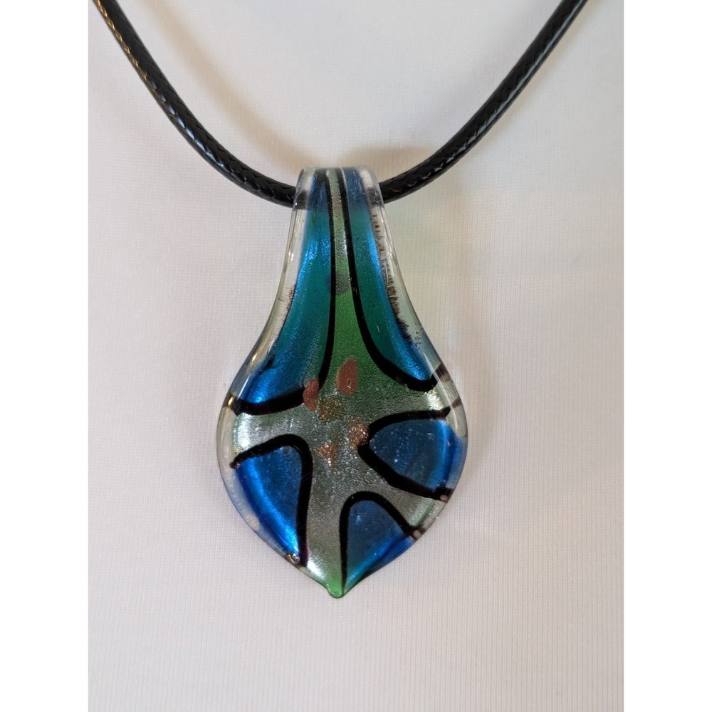 Murano Style Ocean Water Drop Art Glass Pendant Glossy Black Cord Neclace 22"